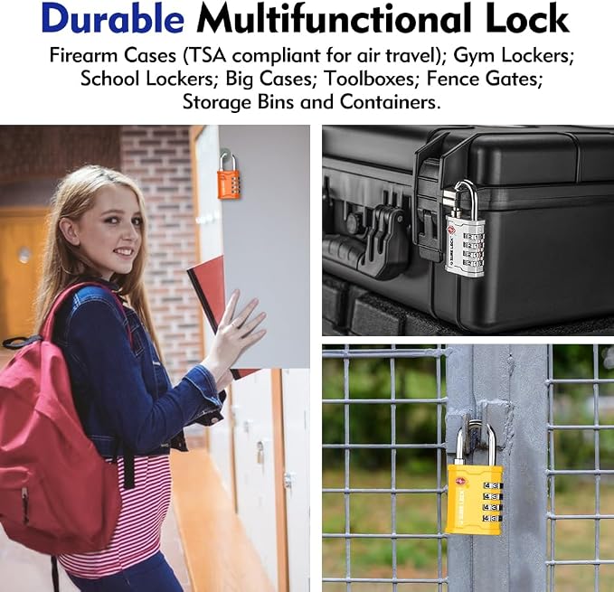 SURE LOCK TSA Accepted 4 Dig Heavy Duty Big Combination Luggage Padlock All Metal Travel Lock for Equipment Hard Case Luggage Gun Case Gym Locker Pelican Vault Lock (2, Yellow) - Image 5