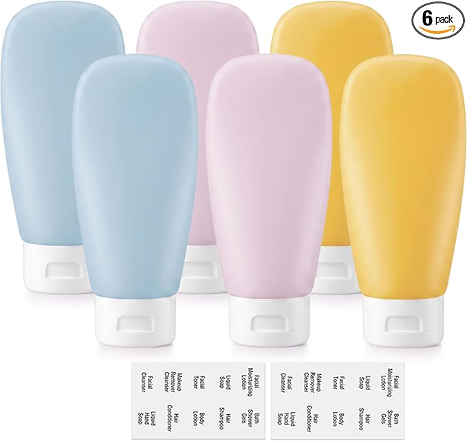 DEWSENSI Travel Bottles for Toiletries 6 Pack, Leakproof 2 oz TSA Approved Travel Size Containers, BPA Free Plastic Shampoo and Conditioner Bottles, Camping Travel Essentials by DEWSENSI