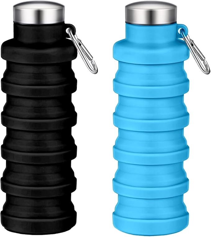 Collapsible Water Bottles,16oz Capacity Portable Reusable Silicone Water Bottle,Leak-proof,with buckle,foldable storage,Lightweight Durable for Fitness,Cycling,Sports,Camping,Hiking (Black+Blue) by Unknown