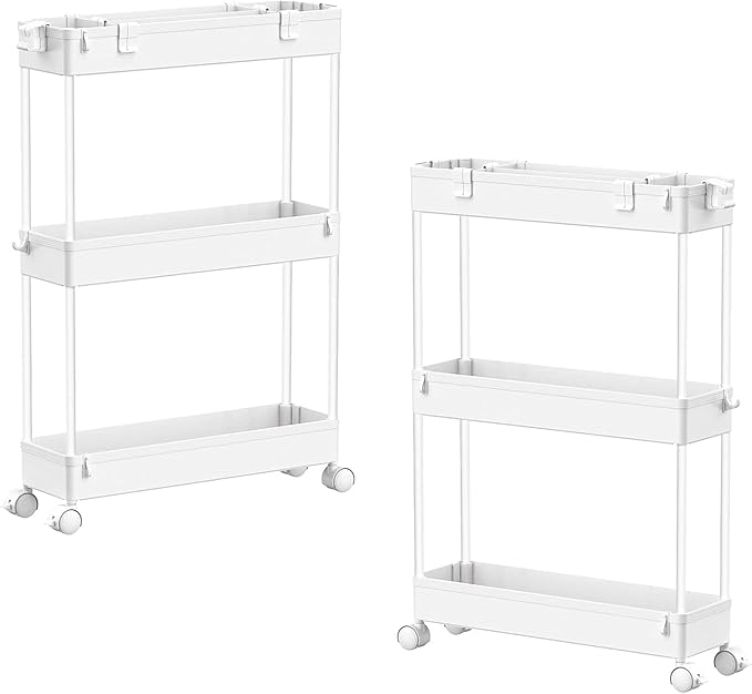 2-piece Set Slim Storage Cart 3 Tier,Bathroom Organizer Rolling Utility,Mobile Shelving Unit Slide Out for Office, Kitchen, Laundry Room & Narrow Places by Home