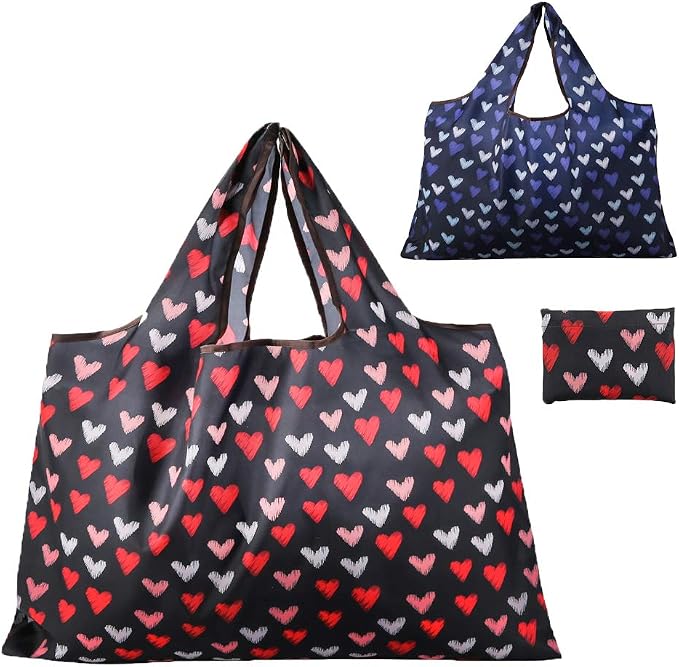 Reusable Grocery Bag, 2 Packs Large Washable | Foldable Eco Friendly Nylon Heavy Duty Fits in Pocket Shopping Tote Bag (Heart) by GOPHRALOVE