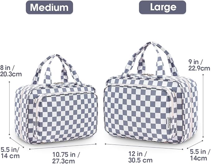 Narwey Travel Toiletry Bag for Women Large Hanging Makeup Bag Organizer Toiletries Bag for Full Size Essentials Accessories Cosmetics (Grayish Blue Checkerboard (Large)) - Image 2