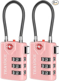 TSA Approved Luggage Locks, Combination Cable Locks, 2 Pack, Pink | Search Alert shows TSA key access; resettable 3-digit code and flexible braided steel cable for suitcases and backpacks. by TRAVOCE