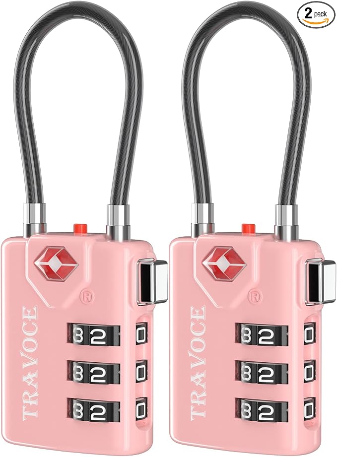 TSA Approved Luggage Locks, Combination Cable Locks, 2 Pack, Pink | Search Alert shows TSA key access; resettable 3-digit code and flexible braided steel cable for suitcases and backpacks. by TRAVOCE