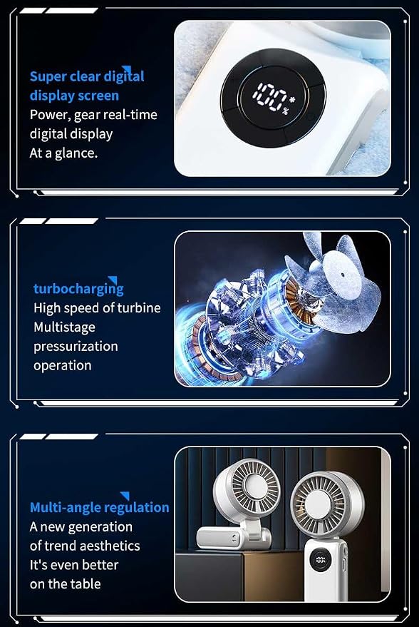 Portable Handheld Fan, 3 IN 1 Rechargeable Personal Fan with 5 Speed Wind, 4000mAh Battery, Digital Display, 90° Foldable Rapid Cooling Small Fan Desk Fan for Travel, Camping, Outdoor Sports - Image 6