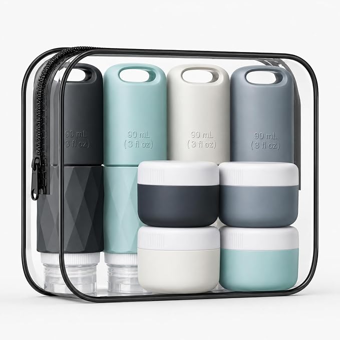 Travel Containers for Toiletries Set, Silicone Travel Bottles & Cream Jars, TSA Approved Leak-Proof Refillable Travel Size Kit with Clear Bag, 8Pcs by JUSFANE