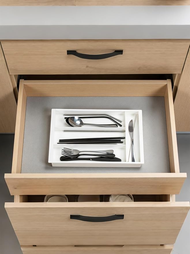 Silverware Drawer Organizer Tray (Cream) | Adjustable Small Utensil Holder for Spoon and Fork, Expandable Flatware Cutlery Tray for Kitchen Drawers - Image 4