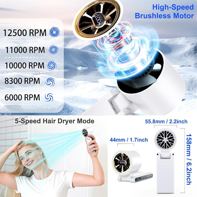 CAZOKASI Rechargeable Strong Wind Handheld Fan With Ambient Lighting 4 IN1 5000mAh Upto 22H For Desktop Waist Clip Neck (StrongWind/White) - Image 3