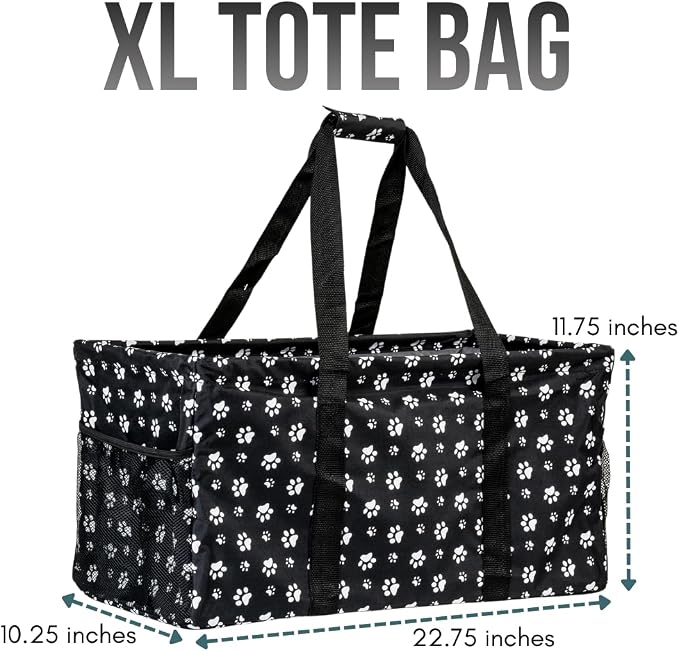 Extra Large Utility Tote Bag - Oversized Collapsible Reusable Wire Frame Rectangular Canvas Basket With Two Exterior Pockets For Beach, Pool, Laundry, Car Trunk, Storage - Dog Paw - Image 4