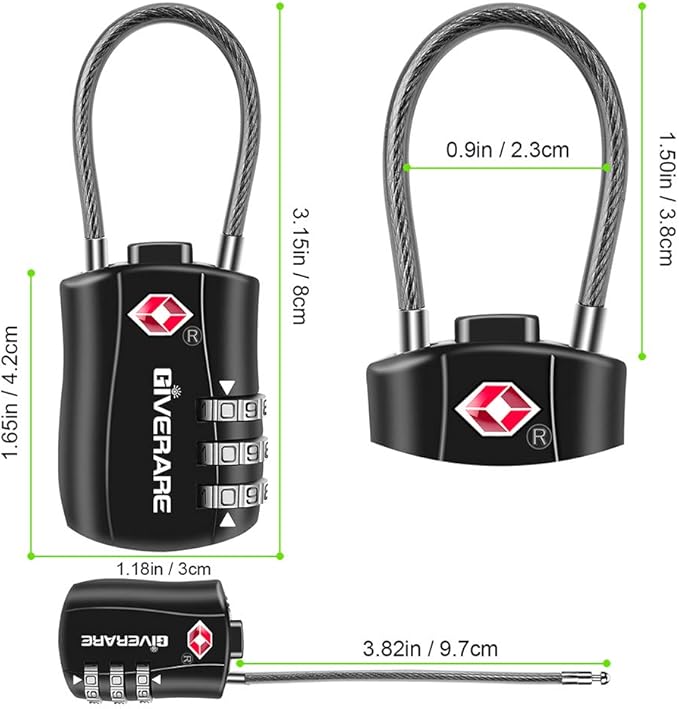 GIVERARE 2 PCS TSA Approved Luggage Locks, Combination Travel Cable Lock, Re-settable 3-Digit Padlocks with Alloy Body, Keyless Travel Sentry Accepted Padlock for Gym Locker, Golf Bag Case-Black - Image 4
