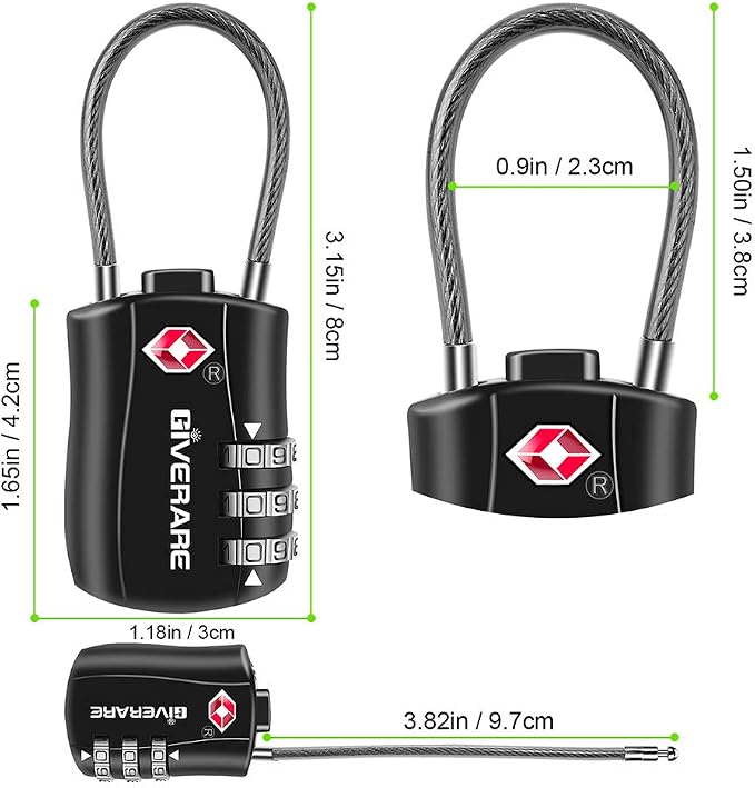 GIVERARE TSA Approved Luggage Locks, Combination Travel Cable Lock, Re-settable 3-Digit Padlocks with Alloy Body, Keyless Travel Sentry Accepted Padlock for Gym Locker, Golf Bag Case, Backpack-Black - Image 4