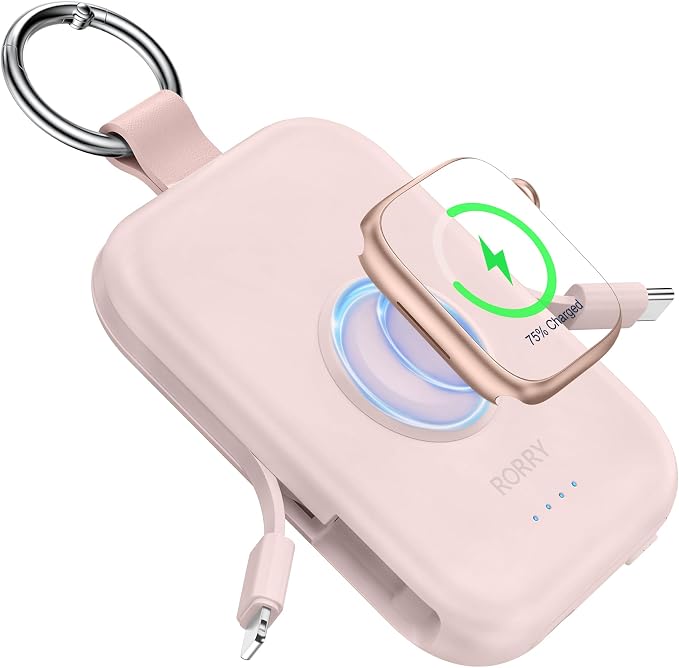 RORRY CharmGo Portable Charger, 5000mAh Portable Charger Power Bank | Built-in Cables,Travel Keychain Battery Pack Essentions for Apple Watch 1~11 Series/Ultra/SE & iPhone Air/17/16/15/14/13/12 by RORRY