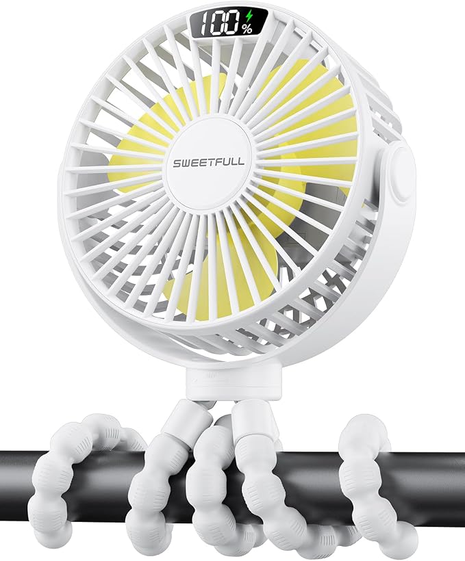 SWEETFULL Portable Stroller Fan with LED Display, 4 Speed Rechargeable Mini Clip On Fan, 360° Rotate Flexible Tripod Better Cooling Small Baby Fan for Car Seat Crib Travel Bike Treadmill (White) by SWEETFULL