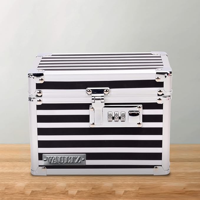 Vaultz Locking Medicine Box with Combination Lock - Secure Metal Lock Box Safe for Medication, Pills & Valuables, Small Lockbox with Code, Portable Storage Case, Striped | Metal lock box, storage case for medication and small valuables, 3-digit combina... - Image 2