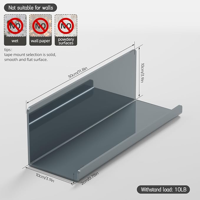 PAVSTINE Adhesive Floating Shelves for Wall No Drilling, 12 Inch Acrylic Self Adhesive Shelves, Stick on Shelves, Dorm Wall Shelf, for Bathroom, Kitchen, Bedroom, Office, Gaming Room, Gray - Image 3
