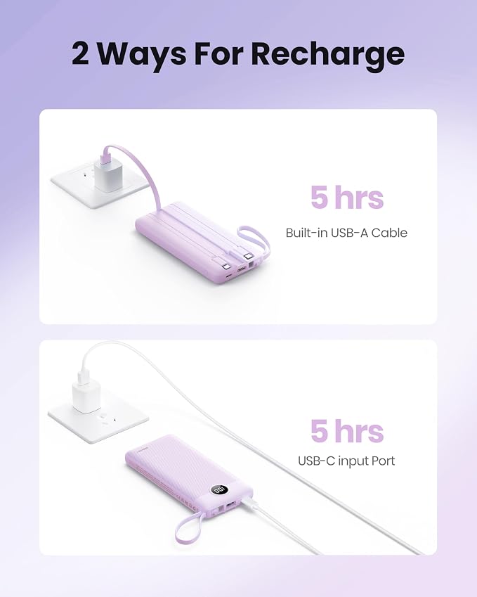 Portable Charger with Built-in Cable, 10000mAh Slim USB C Power Bank, External Battery Pack 5 Outputs 2 Inputs LED Display Compatible with iPhone/Android & More (Lavender) - Image 6