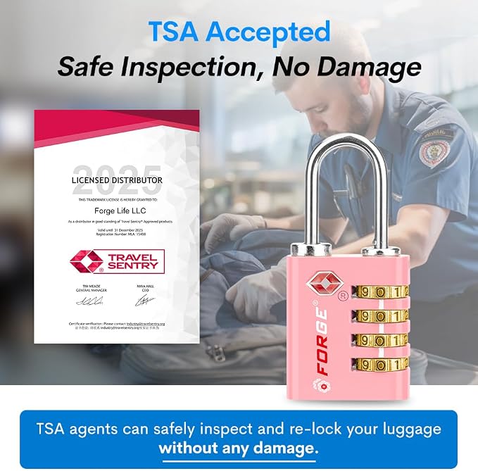 Forge Dual-Opening: Key or Combination Access Lock, TSA Approved Locks for Luggage, Pelican case, Travel, Gym, School, Stainless Steel Shackle. (Pink, 2 Pk) - Image 2