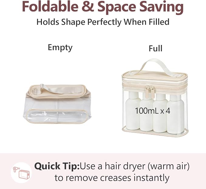 Clear Makeup Bag for Travel - TSA Approved Toiletry Bag, 2 Beige | 1 Medium Quart Carry-On & 1 Large Checked-Luggage, Top Handle, Double Metal Zippers, 180° Opening, Clear Easy-Check, Women - Image 6