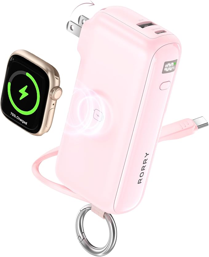 RORRY Flow Portable Charger 10000mAh 40W Wall Plug Power Bank Battery Pack | Built-in USB-C Cable, Keychain Design, Fast Charging, for iPhone 17/16/15, Apple Watch, iPad, 3-in-1, Travel Essential by RORRY