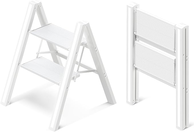 2 Step Ladder, Folding Step Stool with Anti-Slip Wide Pedal | Lightweight, Aluminum Material, 330LBS Load, Portable, Easy Storage, Space Saving, for Kitchen, Bedroom Use, White by GameGem