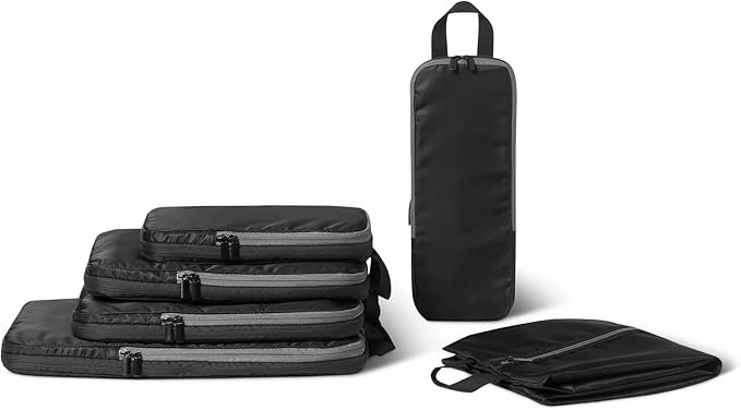 Amazon Essentials Ultralight Compression Packing Cubes, Recycled Fabric, 2 Zippers, 6-Pack, Black, for Suitcases or Backpacks by AmazonEssentials