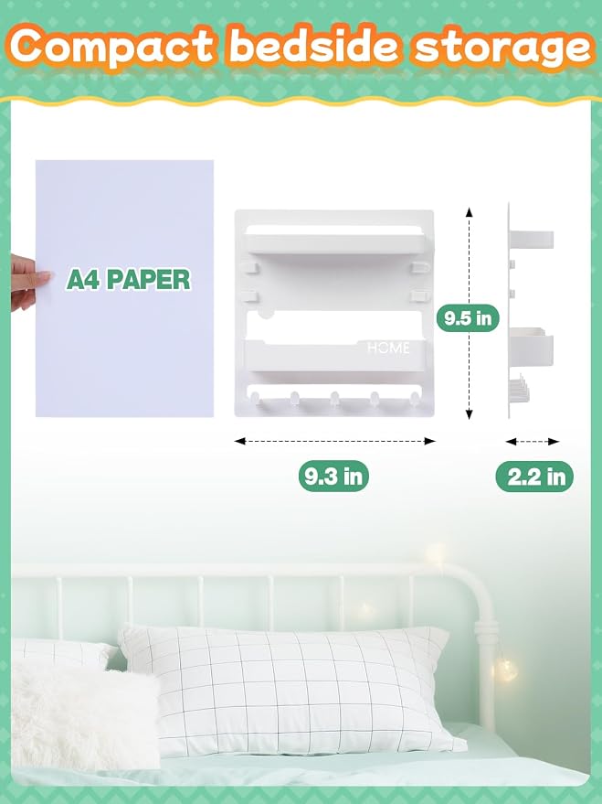 Bedside Wall Organizer Shelf Storage with Cable Clips, Dorm Room Must Haves | No Drill, Bed Floating Nightstand, Remote Control Holder, Key Holder, Preppy Collage Dorm Room Decor Essentials - Image 2