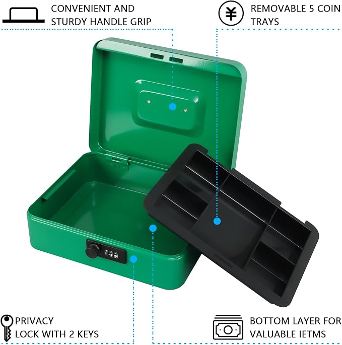 KYODOLED Large Cash Box with Combination Lock,Safe Metal Box for Money, Storage Lock Box with Money Tray,9.84"x 7.87"x 3.54" Green Large - Image 3