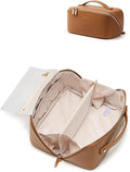 EACHY Travel Makeup Bag, PU Leather Cosmetic Bag for Women, Desert Yellow | PU leather organizer opens flat with two TPU brush pockets and divided storage for makeup, skincare, toiletries and travel by EACHY
