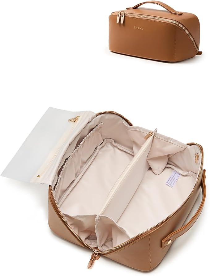 EACHY Travel Makeup Bag, PU Leather Cosmetic Bag for Women, Desert Yellow | PU leather organizer opens flat with two TPU brush pockets and divided storage for makeup, skincare, toiletries and travel by EACHY