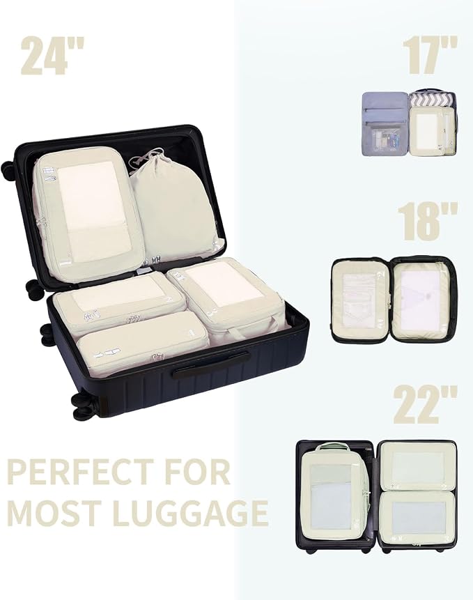 ECOHUB 5 Set Compression Packing Cubes for Suitcases Organiser Bags Set Travel Essentials with Shoe Bag for Traveling Tear-resistant Travel Accessories with ID Tag Expandable Packing Bags(Beige) - Image 7