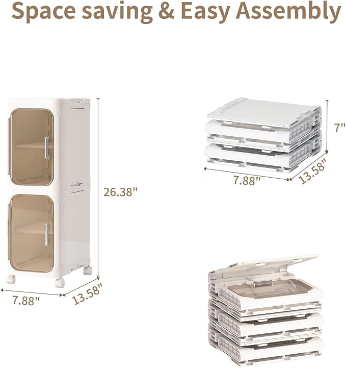 2 Tier Slim Bathroom Storage Cabinet, Foldable and Movable, Beige | Tools Free, ABS and PET, Magnetic Clear Door, Adjustable Shelves, Lockable Wheels, Water Resistant, For Narrow Space - Image 2