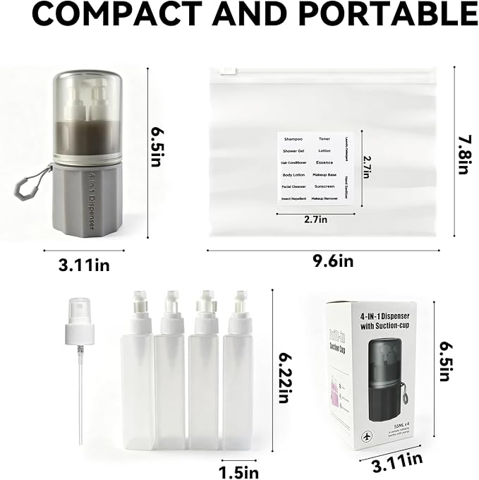 4 in 1 Travel Dispenser，Unbreakable Silicone Travel Dispenser Bottle, Vacuum Suction Wall Mounted Refillable Containers,Leakproof Toiletry Containers for Shampoo, Lotion, Baby Care-Grey. - Image 2