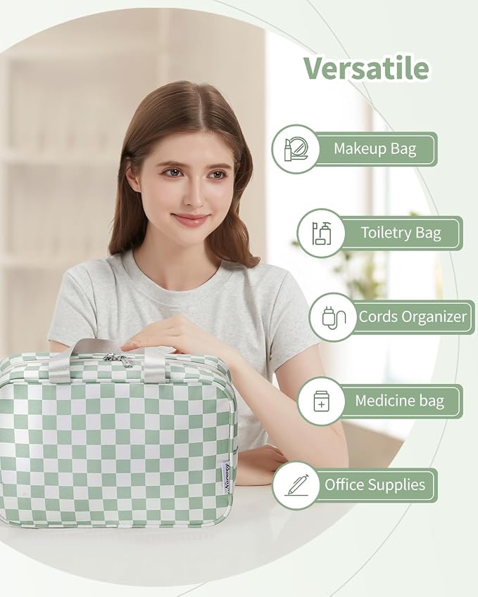 Narwey Large Capacity Travel Toiletry Bag Women, Checkered Makeup Bag with Handle, Portable Make up Cosmetic bag Organizer, Travel Bag for Toiletries, Skincare, Medicine, Essentials (Green Checker) - Image 7