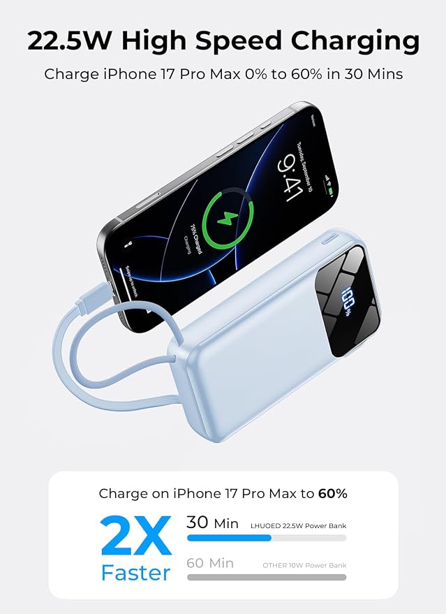Portable Charger 50000mAh, Power Bank with Built-in Cables & Wall Plug | Fast-Charging, Ultra-High-Capacity Battery Pack for Travel Essential, for iPhone, Samsung, Google Pixel, and iPad-Sky Blue - Image 5