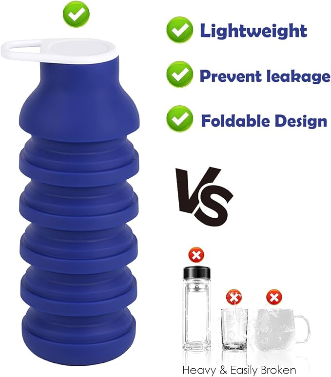 Collapsible Silicone Water Bottle 20oz - Foldable Travel Bottle Leakproof, BPA Free, Space Saving for Gym, Hiking & Travel, Dishwasher Safe(Includes carabiner and cleaning brush),dark blue - Image 3