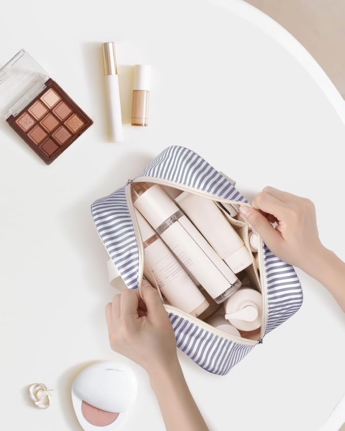 Full Size Toiletry Bag Women Large Cosmetic Bag Travel Makeup Bag Organizer Medicine Bag for Toiletries Essentials Accessories (Greyish Blue Stripe, Large) - Image 7
