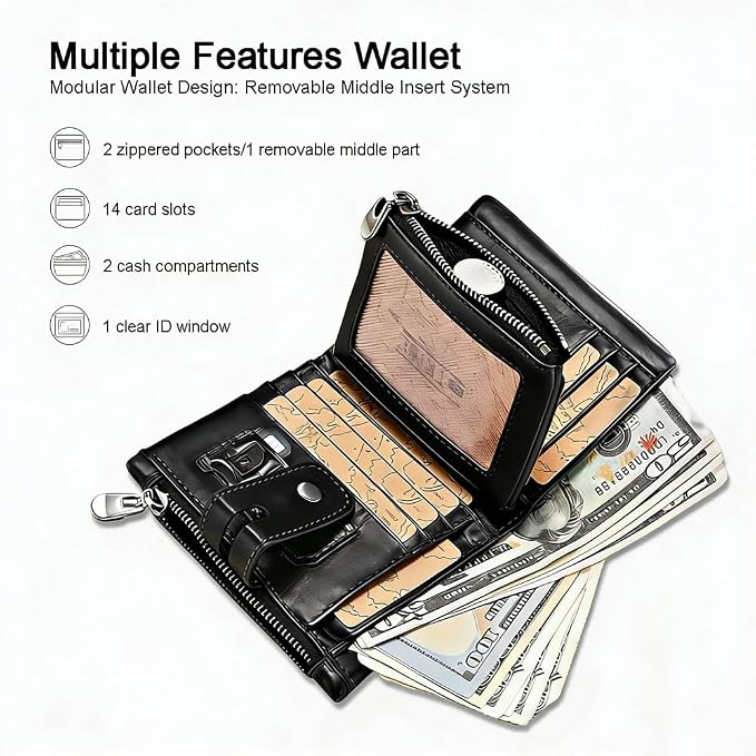 Mens Wallet with Chain Genuine Leather 1 ID Window Purse with RFID Blocking Bifold Double Zipper Coin Pocket - Image 5