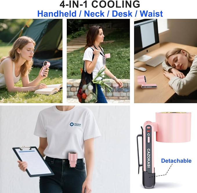 CAZOKASI Rechargeable Strong Wind Handheld Fan With Ambient Lighting 4 IN1 5000mAh Upto 22H For Desktop Waist Clip Neck (StrongWind/Pink) - Image 3