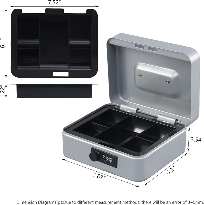 KYODOLED Cash Box with Combination Lock,Safe Metal Box for Money,Storage Lock Box with Money Tray,7.87"x 6.30"x 3.54" Lightgrey Medium - Image 5
