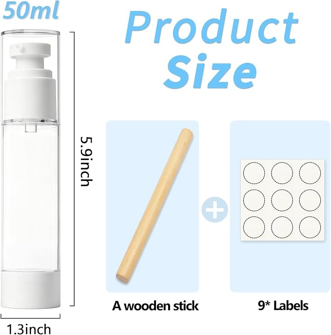 Clear Airless Pump Bottles, Vacuum Travel Cosmetic Containers | 1.7OZ/50ML 6Pack Lotion Dispenser Pump Bottles; For Cream, Foundation & Skincare Cosmetics; With Labels & Wooden Sticks - Image 2