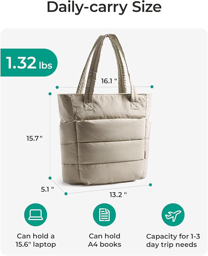 BAGSMART Tote Bag for Women, Lightweight Puffy Tote Bag with Compartments Shoulder Bag Handbag for Travel, Work, Gym | Lightweight - Image 3