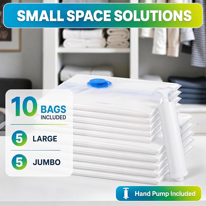 Vacuum Storage Bags,10Pack Vacuum Seal Bags for Clothing,Bedding,Clothes,Comforters,Blankets,Pillows-5 Jumbo+5Large Space Bag Vacuumm Storage Bag Hand Pump Inclued - Image 7