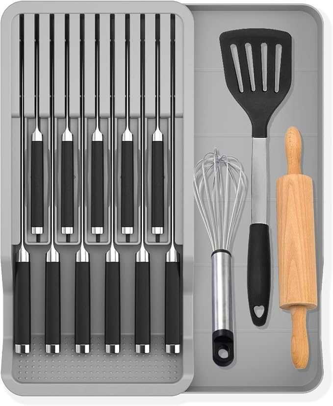 Expandable Drawer Knife Insert Organizer - Plastic Knife Storage Tray for Kitchen Drawers, Adjustable to Fit 11 Knives & Utensils, BPA-Free, Ventilated, Space-Saving, Easy to Clean by mulikeer