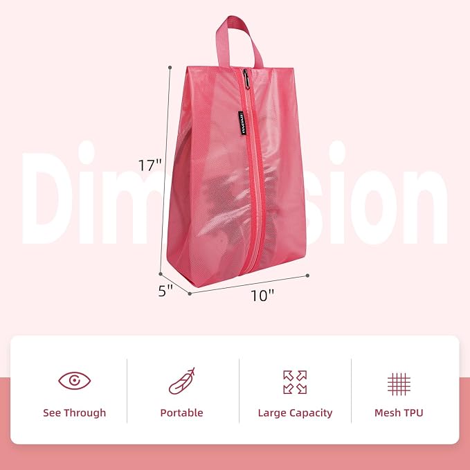 Bagail Shoe Bags for Travel,2 Set Shoe Bag for Storage in Closet,Transparent Shoe Packing Organizers with YKK Zipper (L 17"x10"x5", Coral 2pcs) | 17x10x5in,Fits Women’s US 5-12,Fits Men’s US 6-16,Visible Mesh,YKK Zipper,TPU Water Resistant Lining,Porta... - Image 2