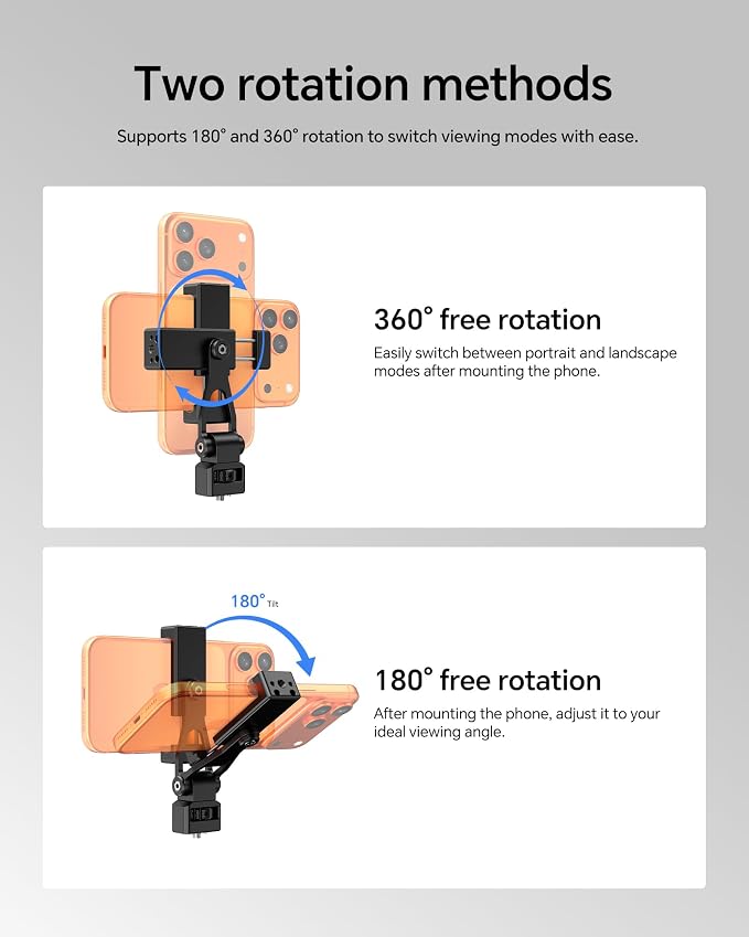 Metal Phone Tripod Mount with 1/4"-20 Male Screw, Camera Cage Phone Clamp, 360° Rotation 180° Tilt Smartphone Holder with Side Cold Shoe for iPhone 17 16 15, Samsung S25 S24,Magic Arm,Super Crab Clamp - Image 3