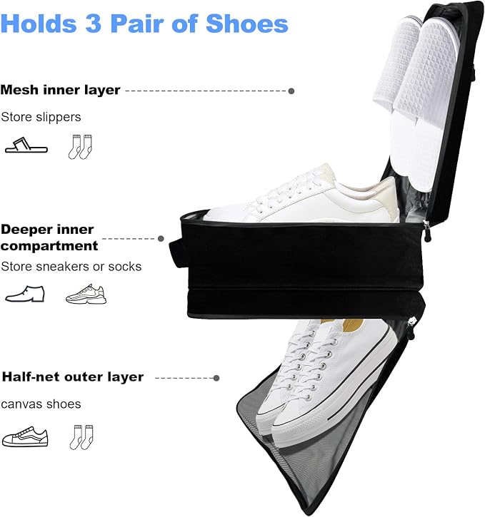 Travel Shoe Bag,Holds 3 Pairs of Shoes, for Travel&Daily Use | Large Capacity Shoe Bags for Travel,Golf Shoe Bag,Portable Dance Shoe Storage Pouch,Sneaker Storage Bag ,Black - Image 3