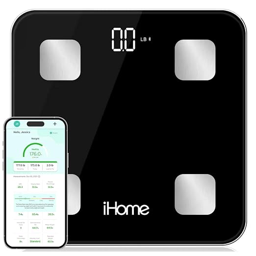 iHome Digital Bluetooth Smart Scale for Body Weight, Weight Scale, Including BMI, Body Fat, Muscle Mass, Batteries Included (Black Smart Bluetooth) by iHome