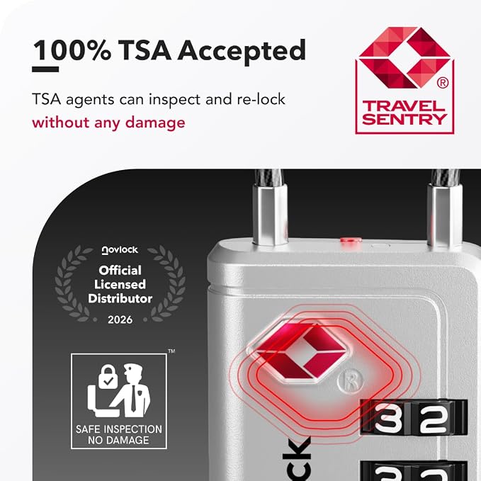 TSA Approved Luggage Locks, Travel Locks with Inspection Indicator | TSA008, Easy to Read Dials, 4 Digit Combination, Flexible Steel Cable, for Suitcases, Backpacks, Bags, 2-Pack, Silver - Image 3
