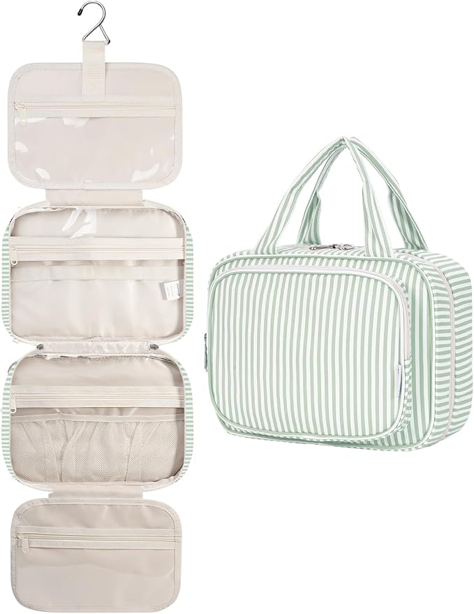 Narwey Striped Hanging Toiletry Bag for Women Travel Makeup Bag Organizer Toiletries Bag for Travel Size Essentials Accessories Cosmetics (Mint Green Stripe (Medium)) by Narwey