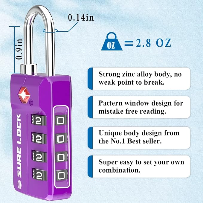 SURE LOCK TSA-Approved 4-Digit Resettable Combination Lock with Open Alert, Easy-Read Dials - for Luggage, School Lockers, Gym, Office, Toolbox & Security Cases (Dark Purple 2 Locks) - Image 3